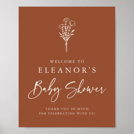 Terracotta Minimalist Floral Bouquet Baby shower Poster (Voorkant)