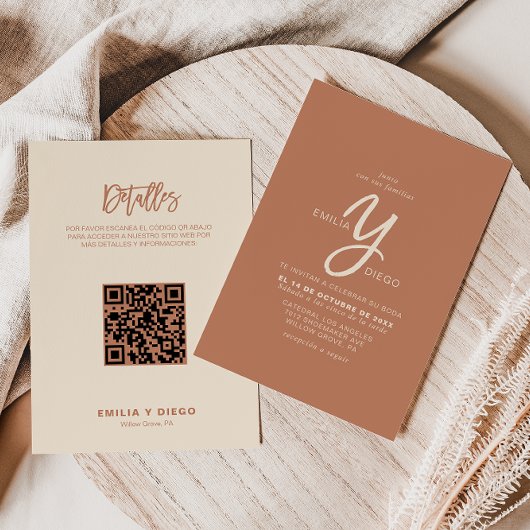 Terracotta Minimalist Front and Back Boda Wedding Kaart