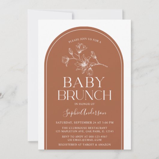 Terracotta Minimalist Modern Arch Baby Brunch Kaart (Voorkant)