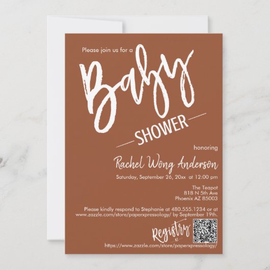 Terracotta Minimalist Script Baby shower QR Code Kaart (Voorkant)