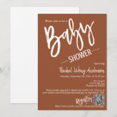 Terracotta Minimalist Script Baby shower QR Code Kaart (Voorkant / Achterkant)