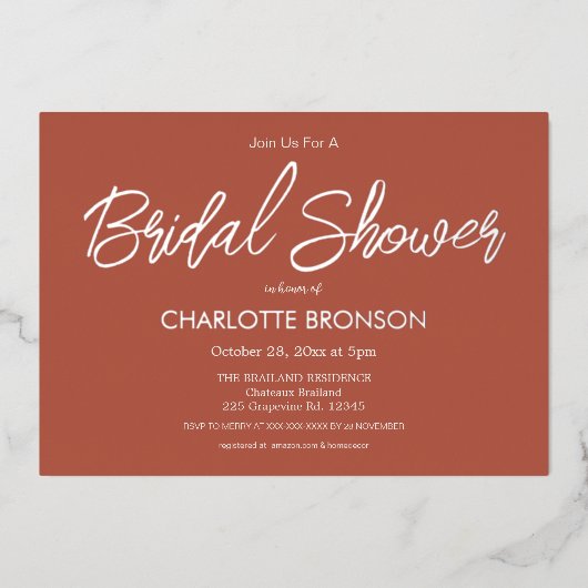 Terracotta Minimalist Script Vrijgezellenfeest Sil Folie Uitnodiging (Voorkant)