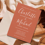 Terracotta Minimalist Scripting Wedding Uitnodigin Kaart<br><div class="desc">Deze elegante trouwuitnodiging met de namen van de tekenstijl kan worden gepersonaliseerd met je informatie in witte hoofdletters op een terracotta achtergrond. U kunt de achtergrondkleur aanpassen om uw trouwthema aan te passen. Ontworpen door: Thisnotme©</div>