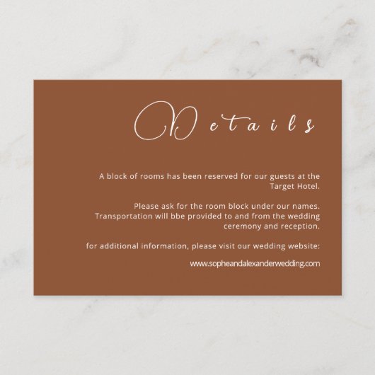 Terracotta Minimalist Wedding Details Kaart (Voorkant)
