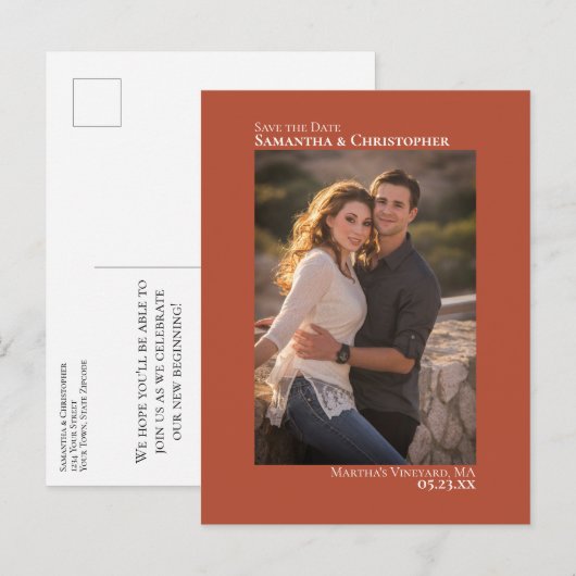 Terracotta Minimalist Wedding Photo Save the Date Aankondigingskaart (Voorkant / Achterkant)
