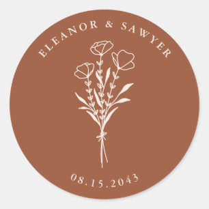 Terracotta minimalistisch bloemenboeket bruiloft ronde sticker