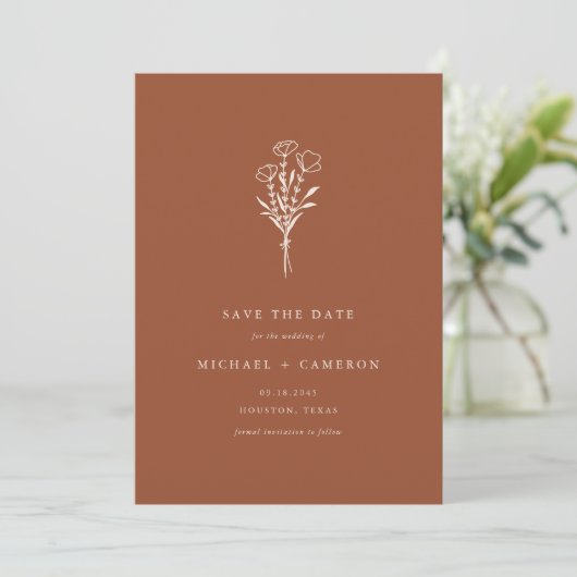 Terracotta minimalistisch botanisch boeket QR-code Save The Date (Staand voorkant)