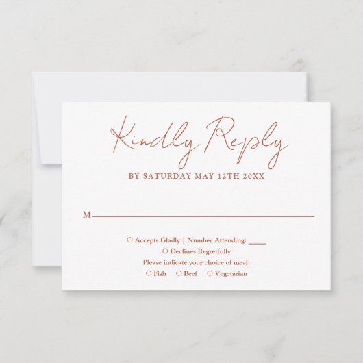 Terracotta Minimalistisch Elegant Script Bruiloft RSVP Kaartje (Voorkant)