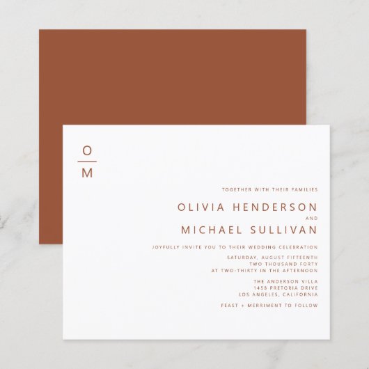 Terracotta minimalistisch monogram bruiloft uitnod (Voorkant / Achterkant)