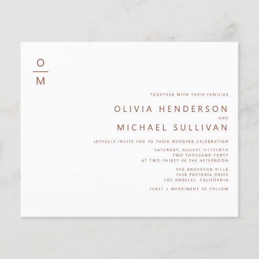 Terracotta minimalistisch monogram bruiloft uitnod (Voorkant)