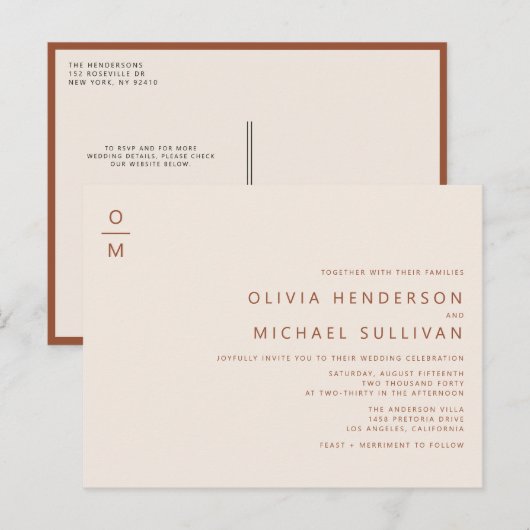 Terracotta minimalistisch monogram QR-code bruilof Uitnodiging Briefkaart (Voorkant / Achterkant)