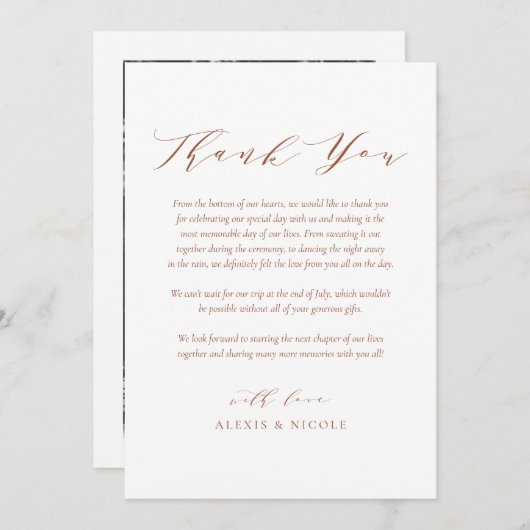 Terracotta minimalistisch script bruiloft foto bedankkaart (Voorkant / Achterkant)