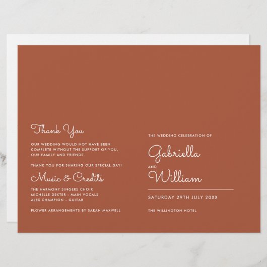 Terracotta minimalistisch script huwelijksprogramm (Voorkant / Achterkant)