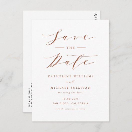 Terracotta Minimalistisch Script QR Code Save the Briefkaart (Voorkant / Achterkant)