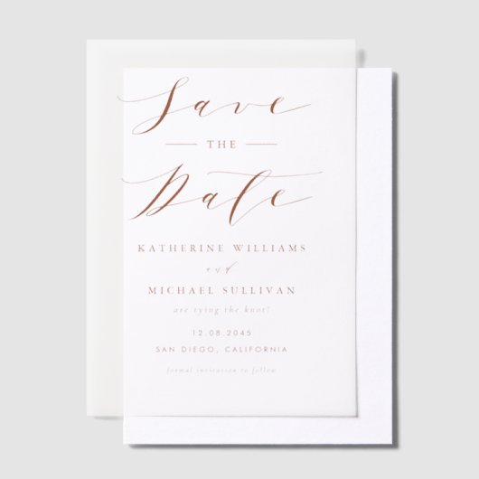 Terracotta Minimalistisch Script Trouwkaart Save T Vellum Uitnodigingen (Offset)