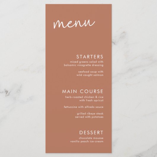 Terracotta minimalistisch script Vrijgezellenfeest Menu (Voorkant)