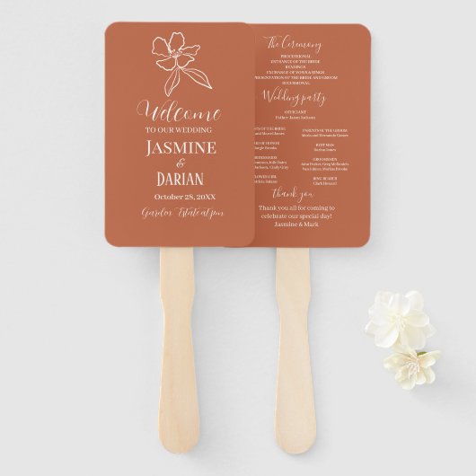 Terracotta Minimalistische Bloemen Bruiloft  Handwaaier (Voorkant en achterkant)