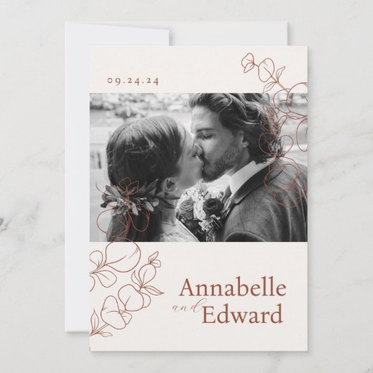 Terracotta minimalistische botanische bruiloft kaart (Achterkant)