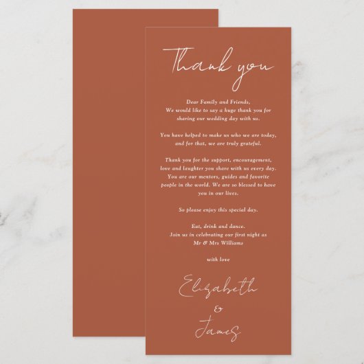 Terracotta minimalistische bruiloft dank u plaats  menu (Voorkant / Achterkant)