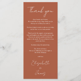 Terracotta minimalistische bruiloft dank u plaats  menu