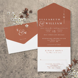 Terracotta minimalistische elegante monogram bruil all in one uitnodiging