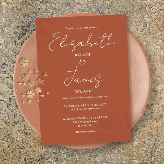 Terracotta minimalistische elegante script bruilof kaart