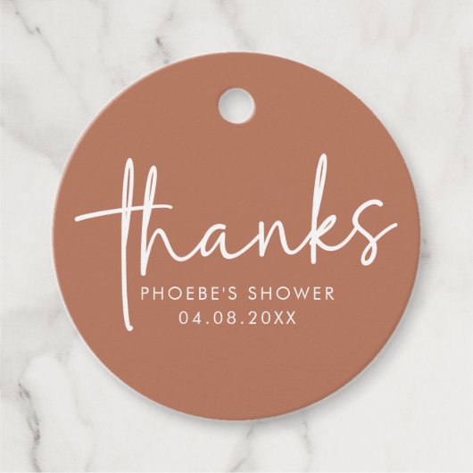 Terracotta Minimalistische Script Bruiloftsfeest Bedankjes Labels (Voorkant)