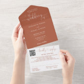 Terracotta Minimalistische Script QR Code Trouwdag All In One Uitnodiging (Afscheurbaar)