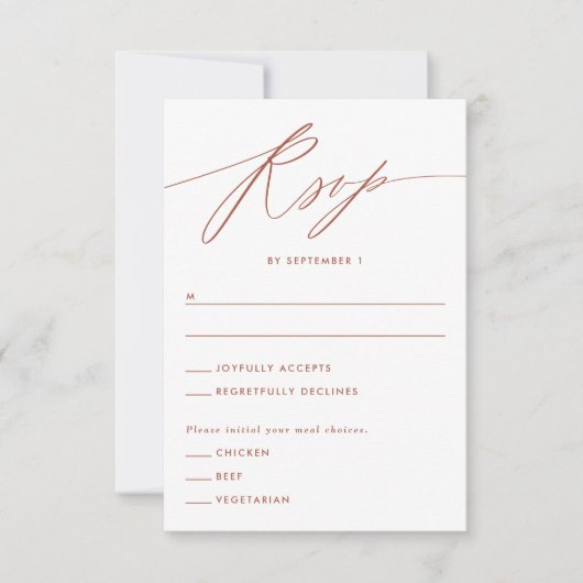 Terracotta Minimalistische Script Responskaart RSVP Kaartje (Voorkant)