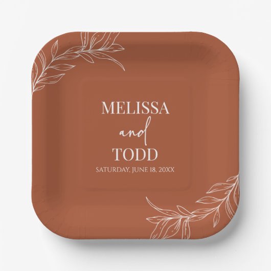 Terracotta minimalistische tak blad bruiloft papieren bordje (Voorkant)