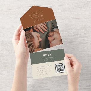 Terracotta Minimalistische Trouwfoto QR Code RSVP All In One Uitnodiging