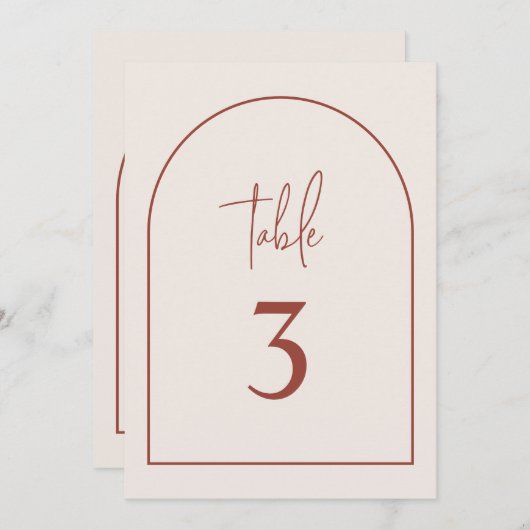 Terracotta Modern Arch Minimalist Table Number Kaart (Voorkant / Achterkant)