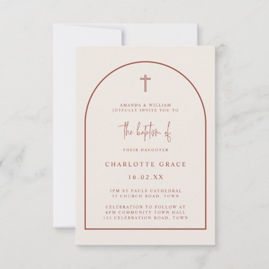 Terracotta Modern Arch Script Minimalist Baptisme  Kaart (Voorkant)