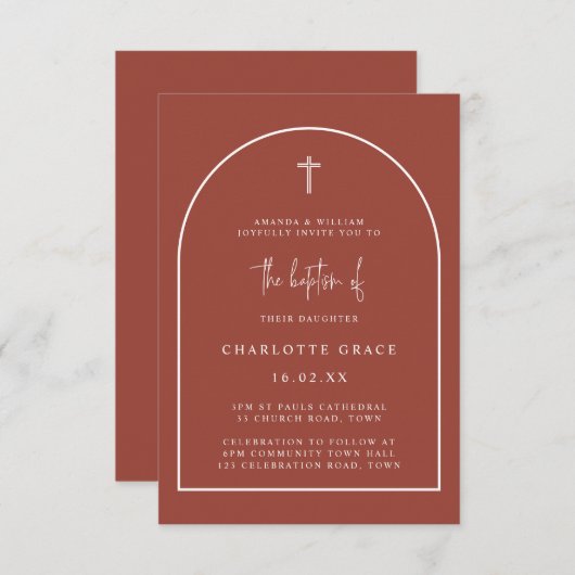 Terracotta Modern Arch Script Minimalist Baptisme Kaart (Voorkant / Achterkant)