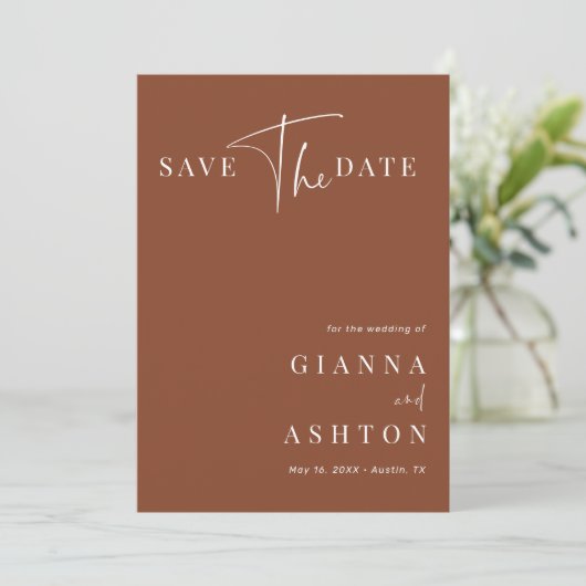 Terracotta Modern Calligraphy Wedding Photo Save The Date (Staand voorkant)
