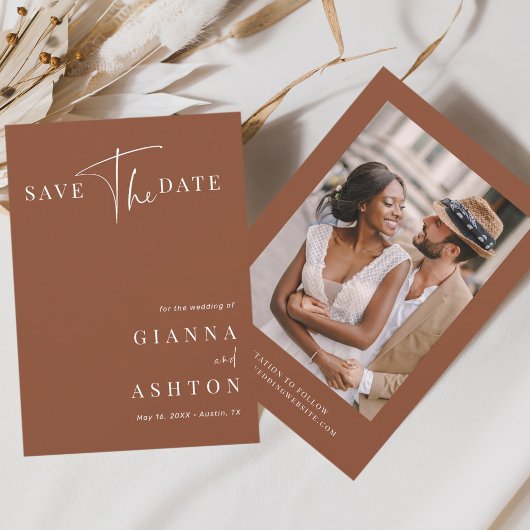 Terracotta Modern Calligraphy Wedding Photo Save The Date
