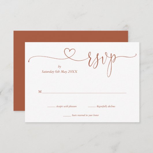 Terracotta Modern Elegant Script Heart RSVP Kaartje (Voorkant / Achterkant)
