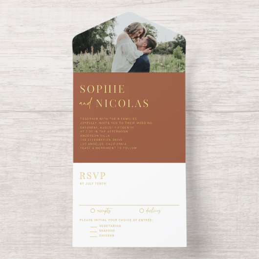 Terracotta Modern handschrift foto bruiloft All In One Uitnodiging (Binnenkant)