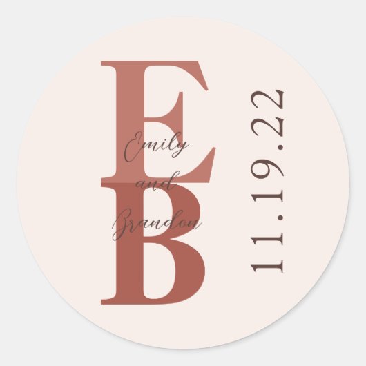 Terracotta Modern Large Initiaal Custom Wedding Ronde Sticker (Voorkant)