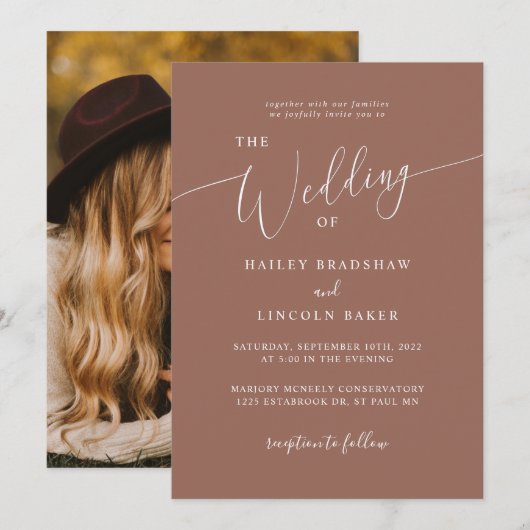 Terracotta Modern Minimal Photo Wedding Kaart (Voorkant / Achterkant)