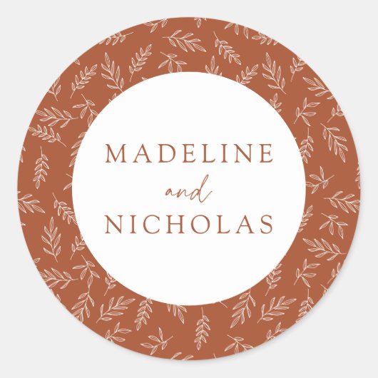 Terracotta Modern Minimalist Botanical Wedding Ronde Sticker (Voorkant)