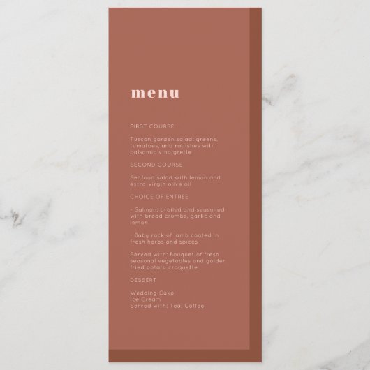 Terracotta Modern Minimalist Typography Wedding Menu (Voorkant)
