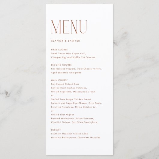 Terracotta Modern Minimalist Typography Wedding Menu (Voorkant)
