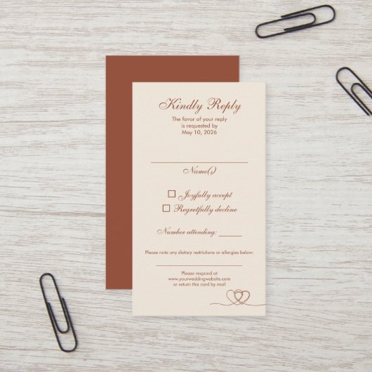 Terracotta Modern Mix and Match Wedding RSVP Card Visitekaartje (Voorkant / Achterkant in situ)