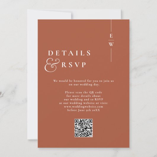 Terracotta Modern Monogram Trouwen QR-code Kaart (Achterkant)
