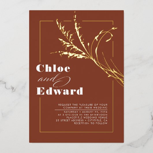 Terracotta Modern Pampas Grass Boho Wedding Folie Uitnodiging (Voorkant)