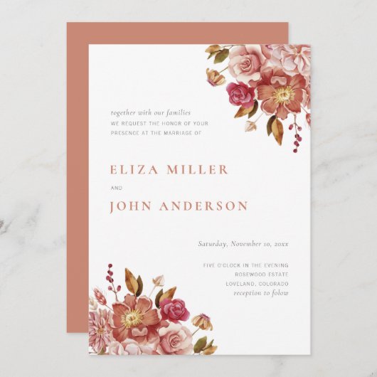 Terracotta Modern Rustic Waterverf Floral Wedding Kaart (Voorkant / Achterkant)