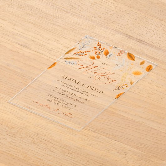 Terracotta Modern Script Elegante herfstbruiloft Acryl Uitnodigingen (Laagn)