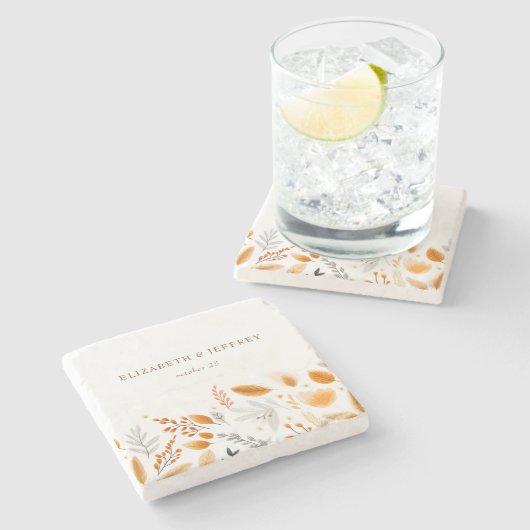 Terracotta Modern Script Elegante herfstbruiloft Stenen Onderzetter (Zijkant)