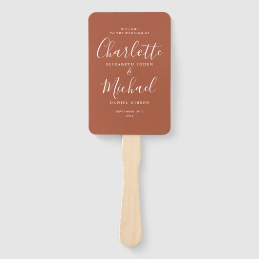 Terracotta Modern Script Huwelijksprogramma Handwaaier (Voorkant)